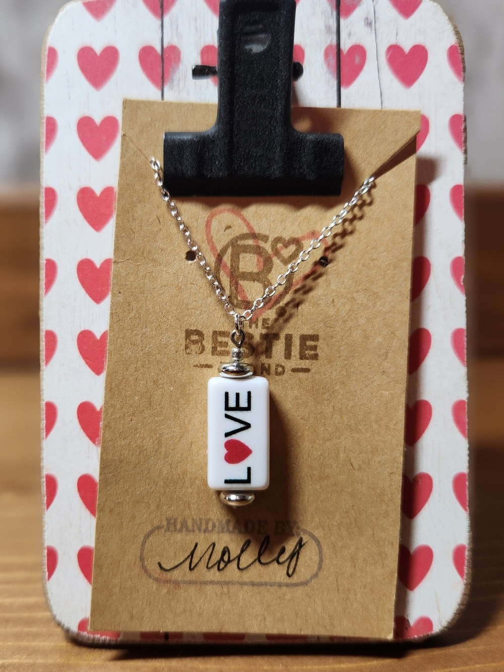Handmade White & Red "LOVE" Heart ❤️ Tile Pendant Necklace Silver-Tone Chain